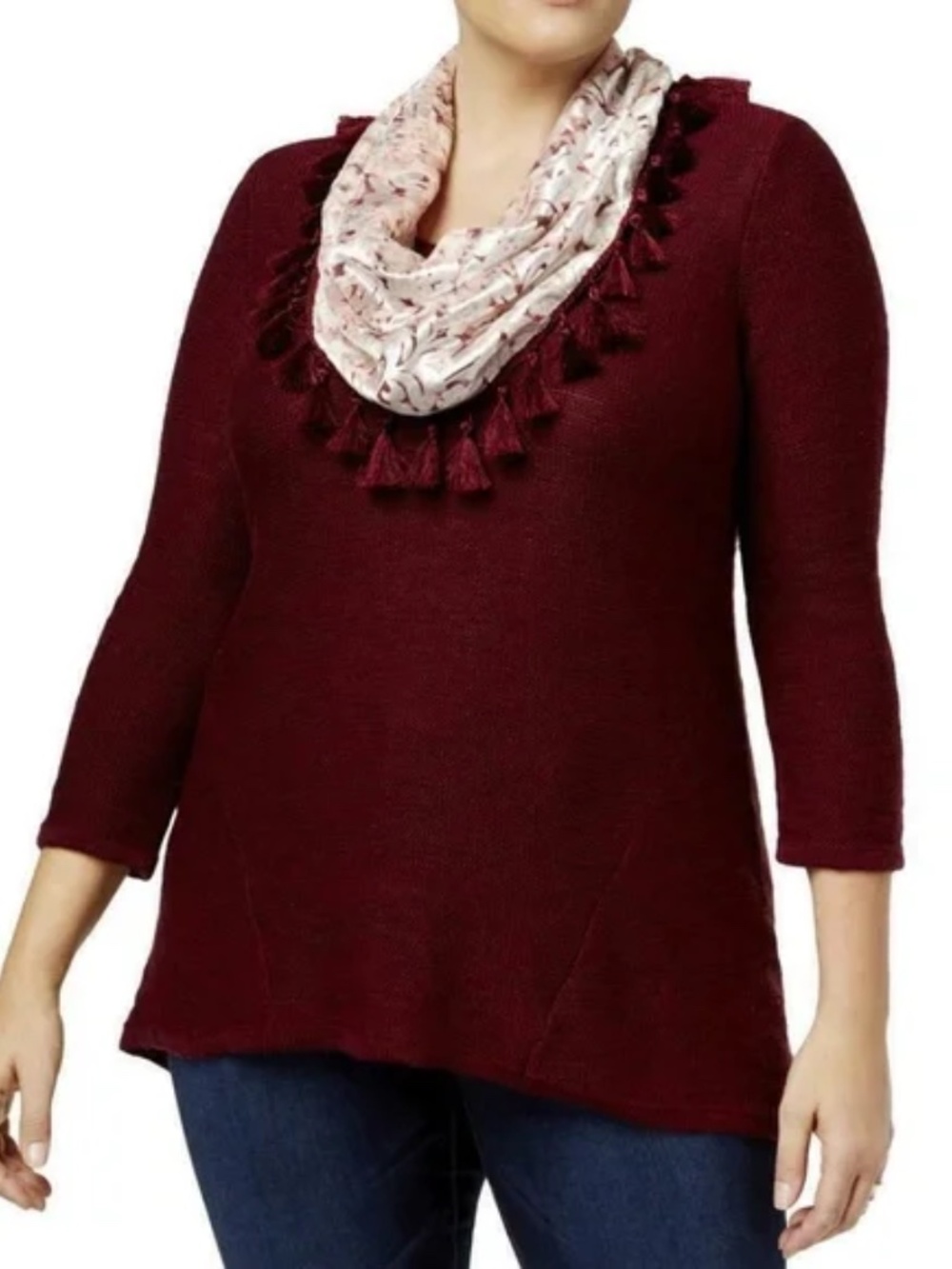 (NWT) Style&Co Plus Size 2X Scarlet 3/4 Sleeve Sweater & Velvet Scarf W/Tassels